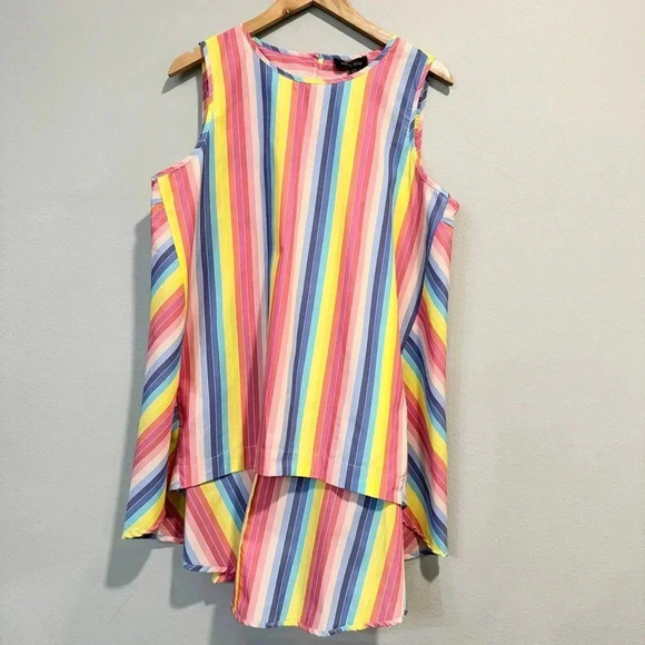 Melissa Paige Striped Rainbow Whimsical Fun Top High And Low Sleeveless L - Picture 1 of 5